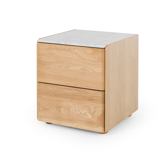Cube Natural Oak Bedside Table 2drw (Marble Top)